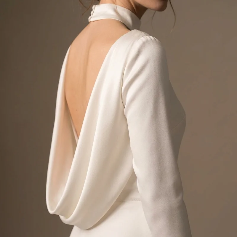 Cowl Back Satin Wedding Dress with Chapel Train - 3