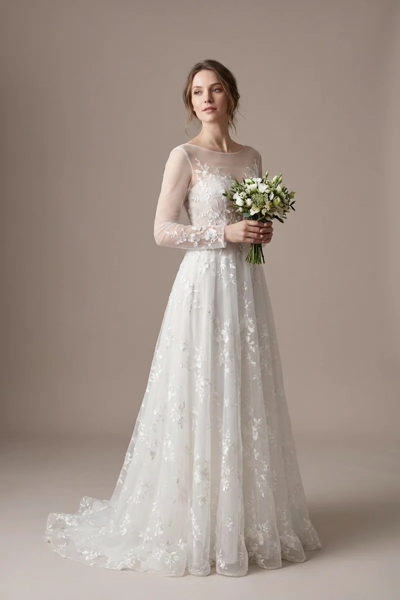Floral Embroidered Garden Wedding Dress with Sheer Sleeves - 1