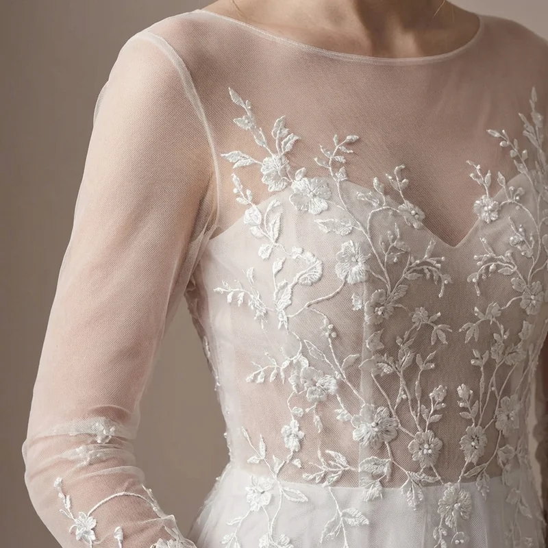 Floral Embroidered Garden Wedding Dress with Sheer Sleeves - 3