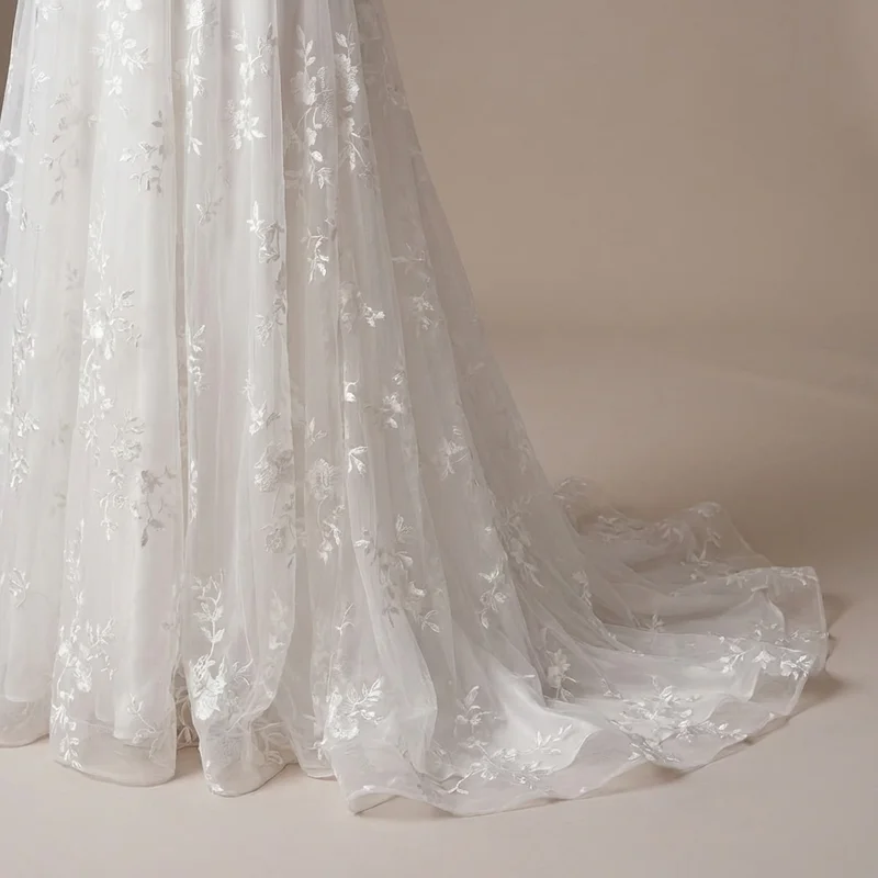 Floral Embroidered Garden Wedding Dress with Sheer Sleeves - 4