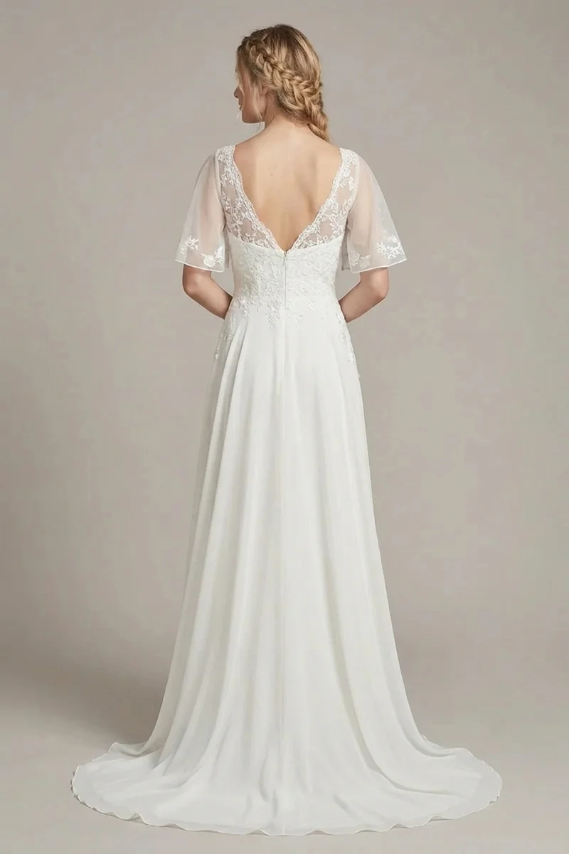 Chiffon Flutter Sleeve Garden Wedding Dress with Lace Bodice - 2