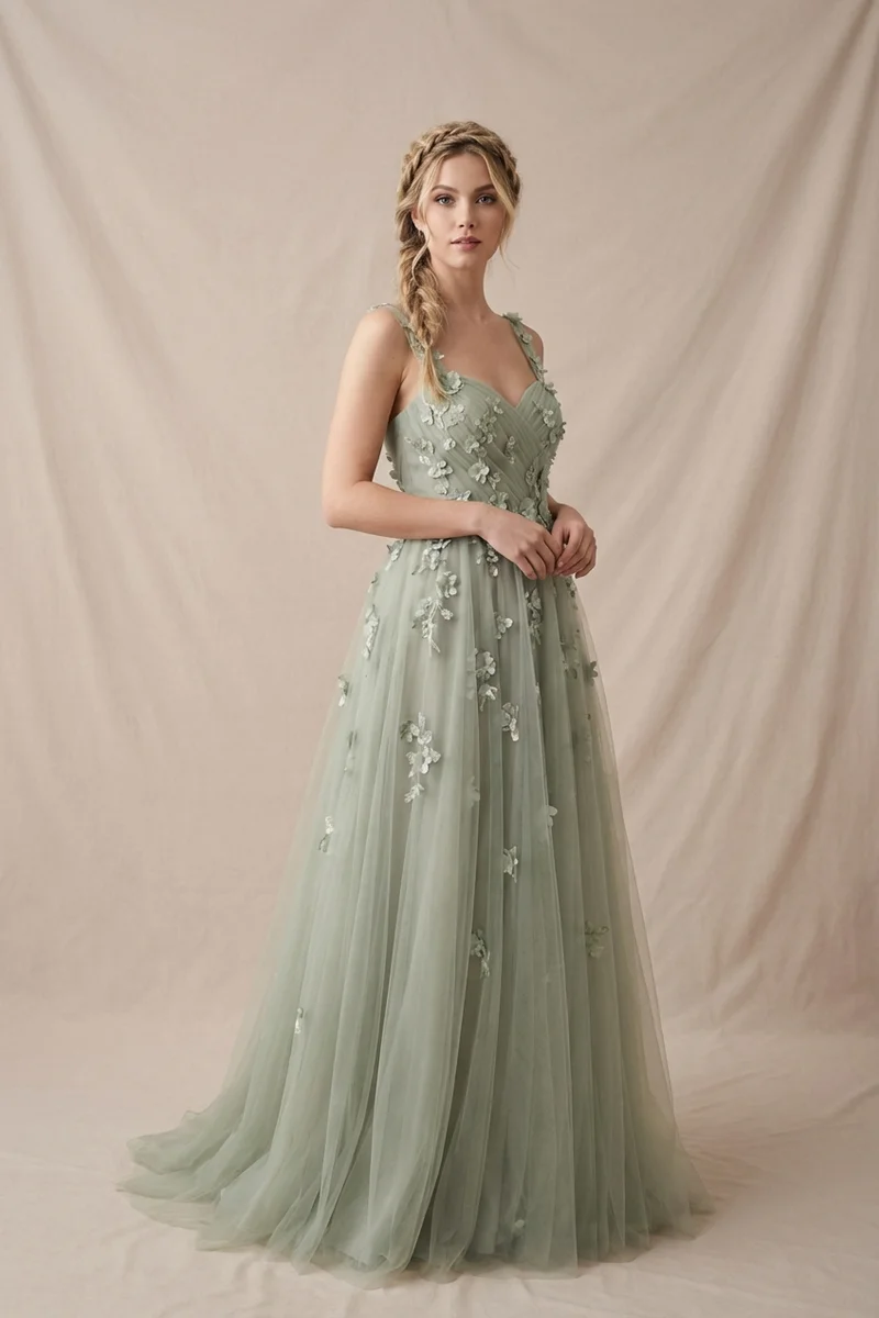 Sage Green Tulle A-Line Wedding Dress with Floral Applique - 1