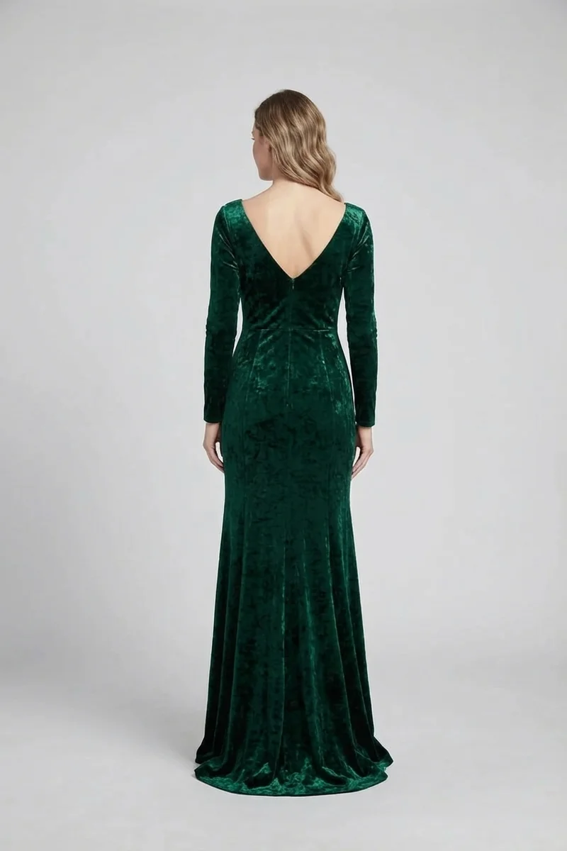 Emerald Green Velvet Long Sleeve Wedding Dress - 2