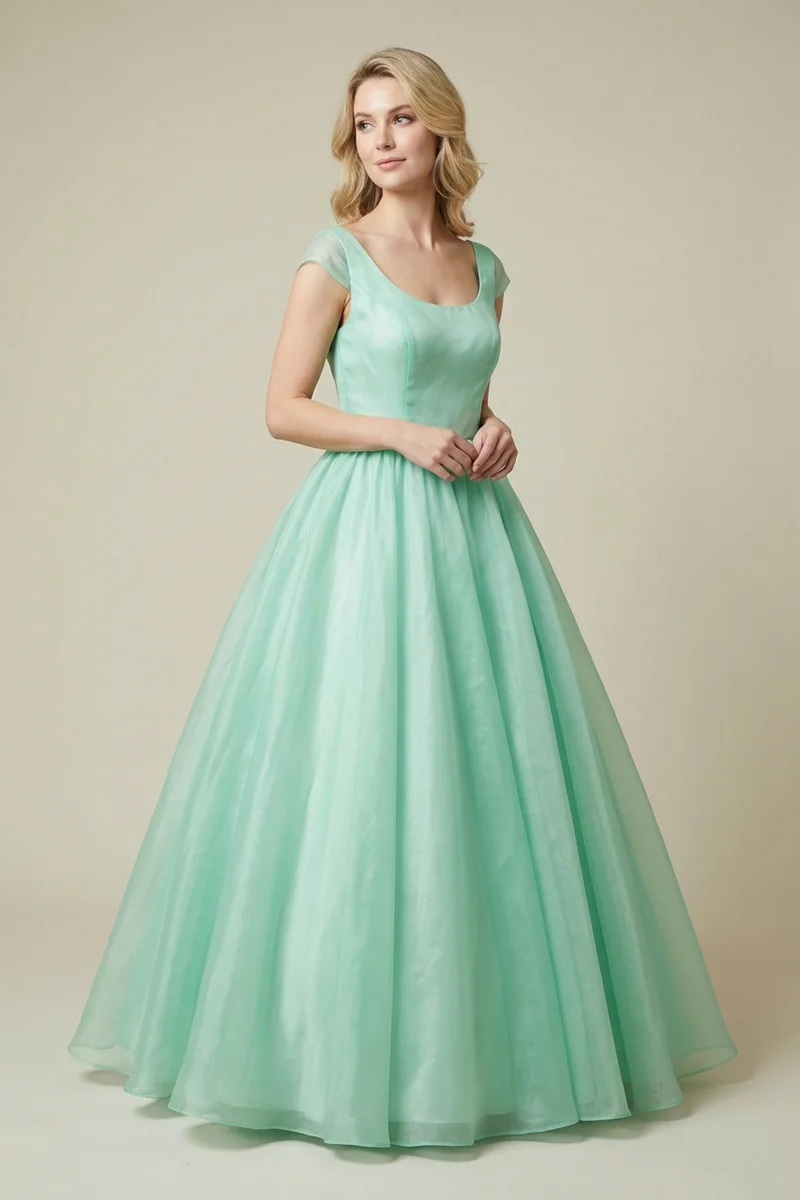 Mint Green Organza Ball Gown Wedding Dress with Cap Sleeves - 1