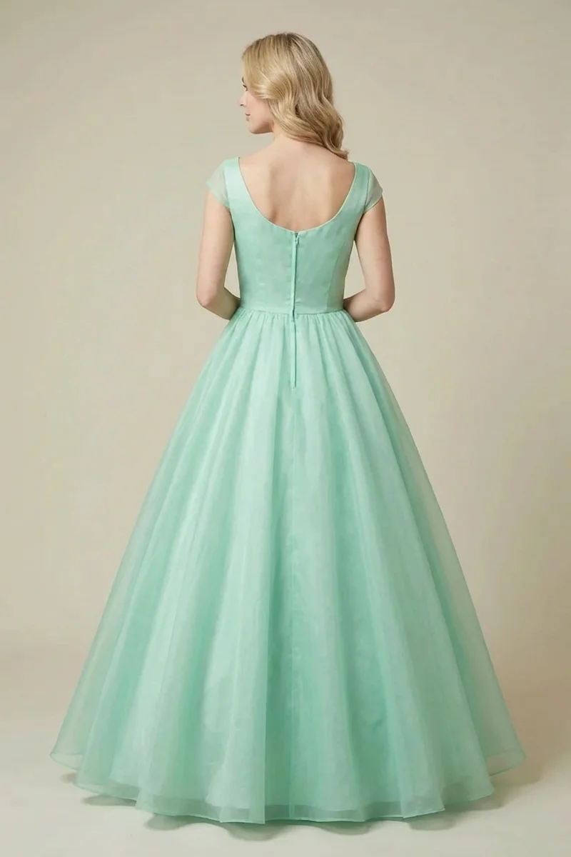 Mint Green Organza Ball Gown Wedding Dress with Cap Sleeves - 2