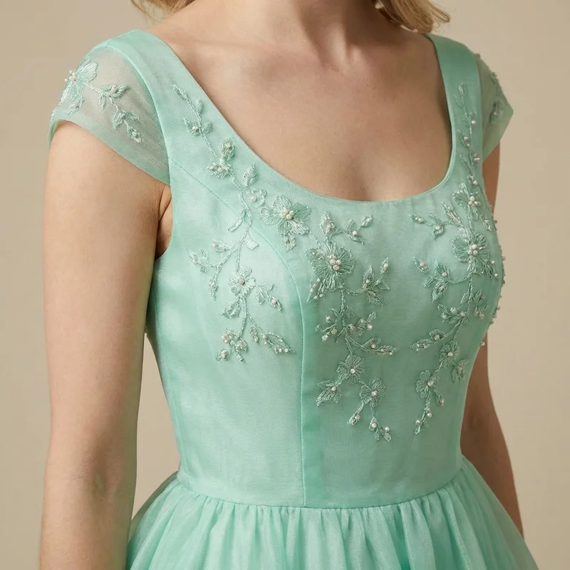 Mint Green Organza Ball Gown Wedding Dress with Cap Sleeves - 3