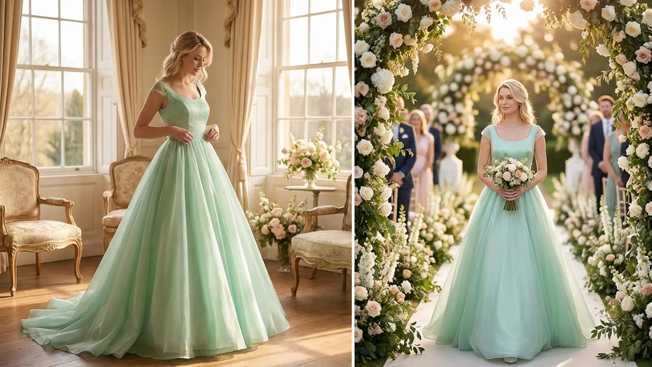 Mint Green Organza Ball Gown Wedding Dress with Cap Sleeves - 5
