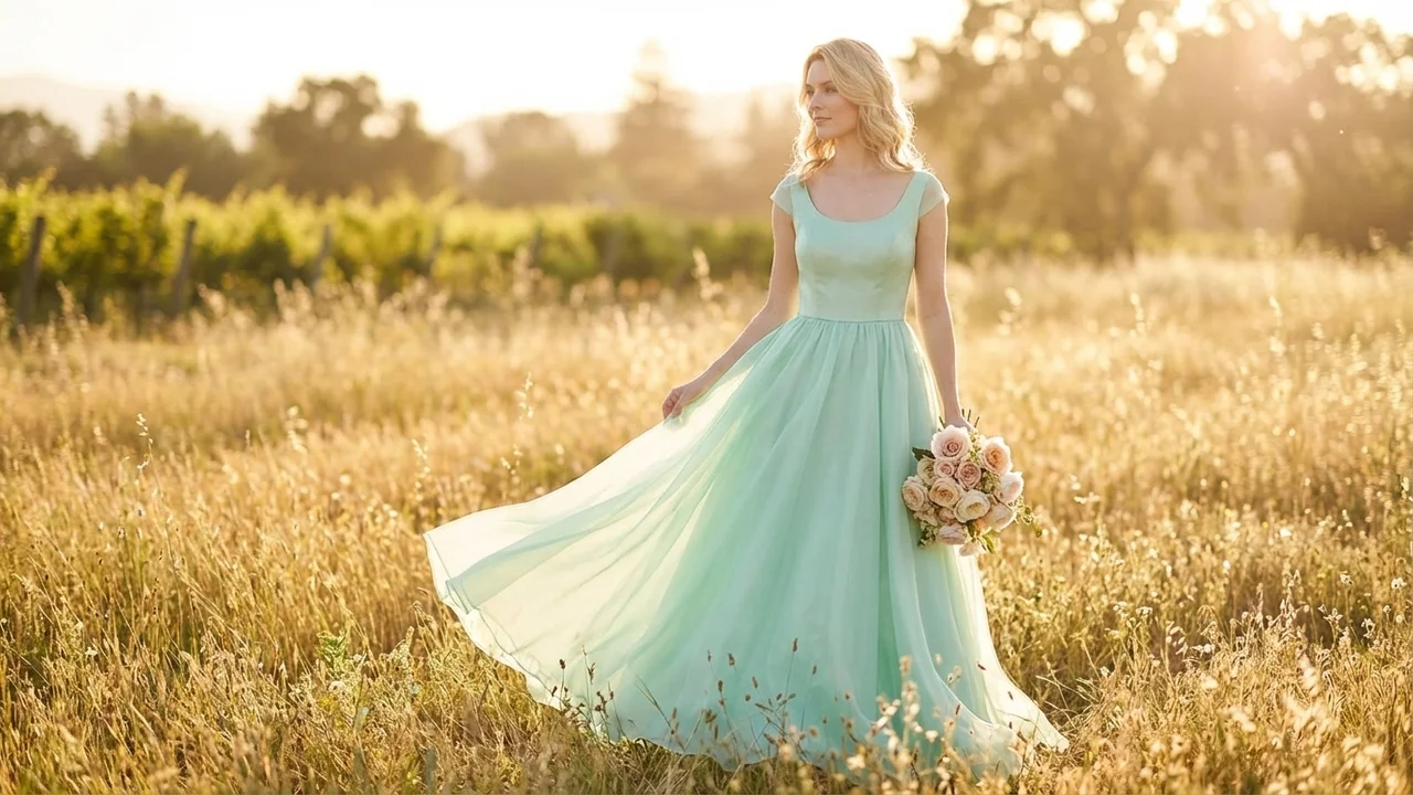Mint Green Organza Ball Gown Wedding Dress with Cap Sleeves - 6
