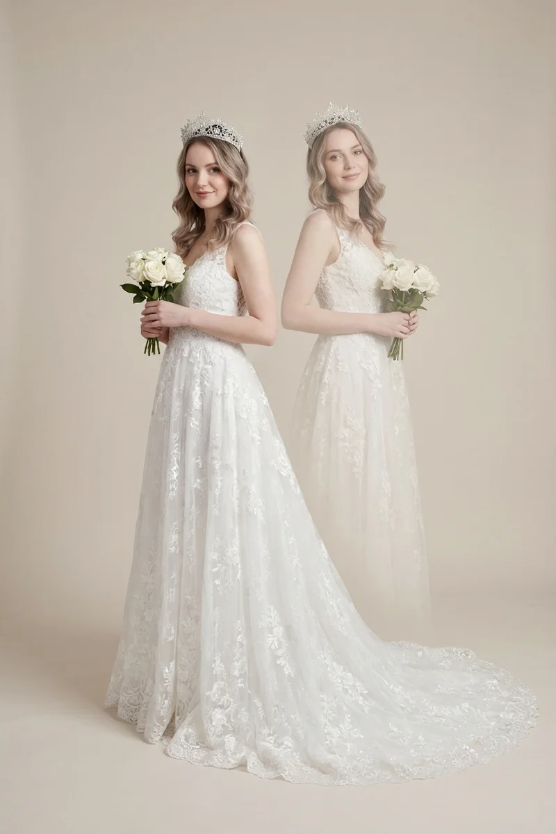 Floral Lace Bridal Crown with Crystal Embellishments - 1