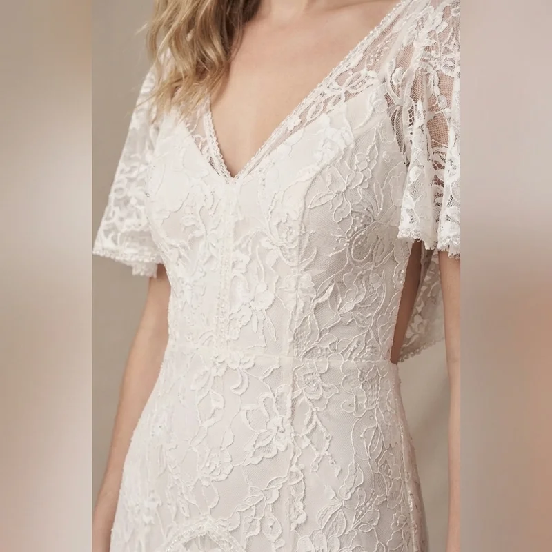 High Low Lace Bohemian Wedding Dress with Flutter Sleeves - 3