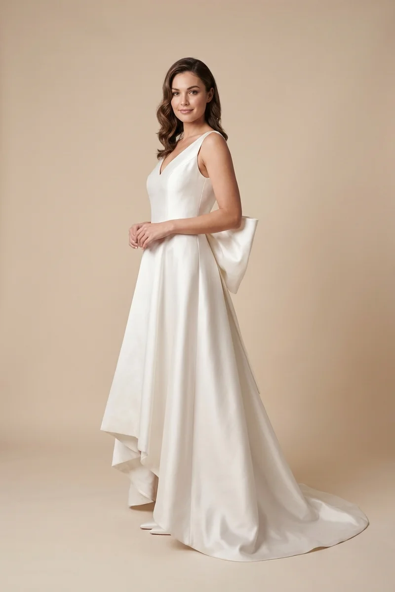 High Low Satin Wedding Dress with Dramatic Bow Back - 1
