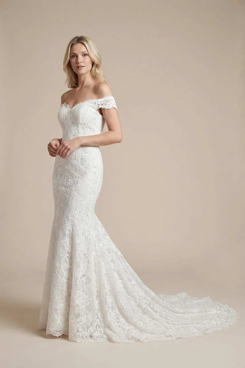 Off Shoulder Lace Mermaid Wedding Dress with Chapel Train - 1