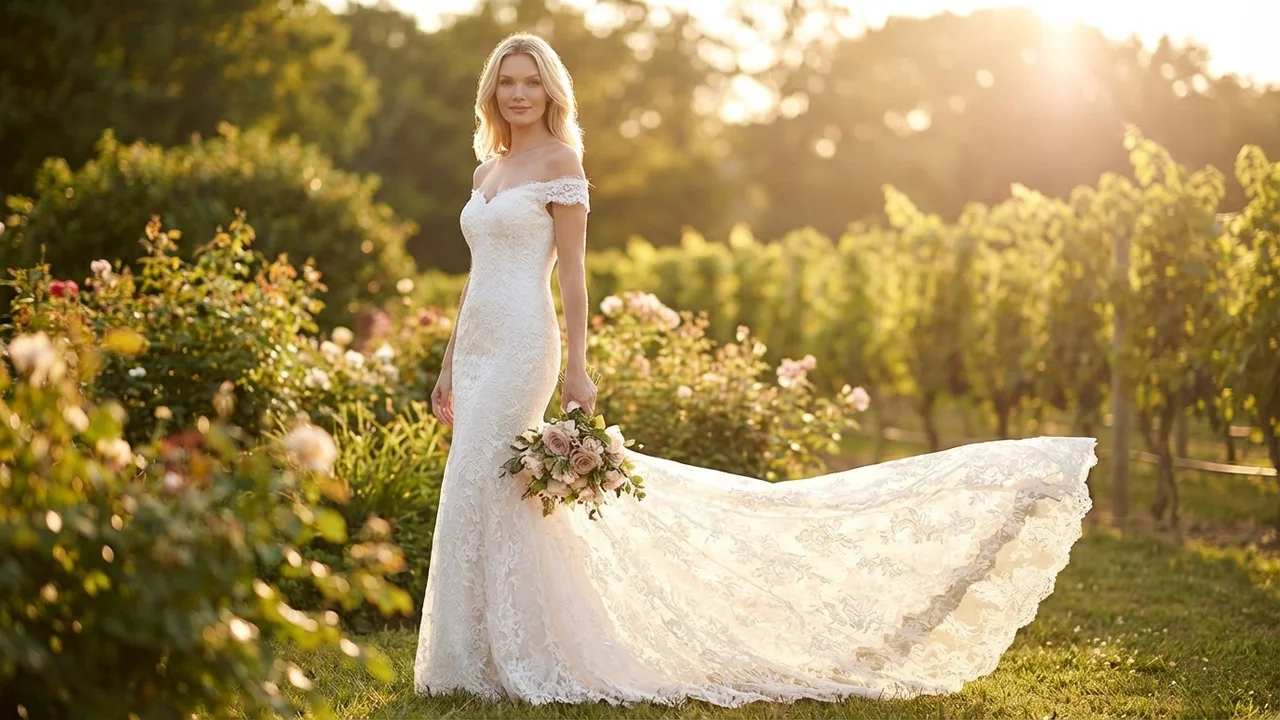 Off Shoulder Lace Mermaid Wedding Dress with Chapel Train - 6