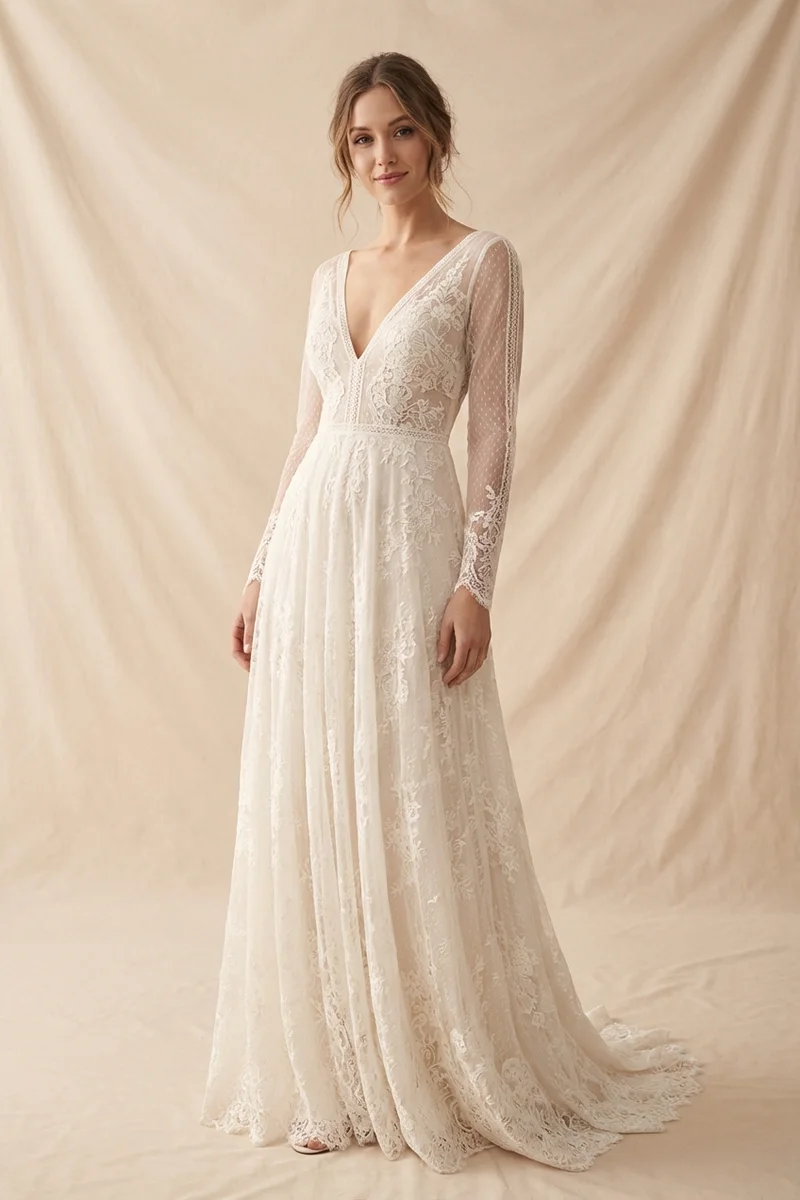 Long Sleeve Lace Bohemian Wedding Dress with Open Back - 1