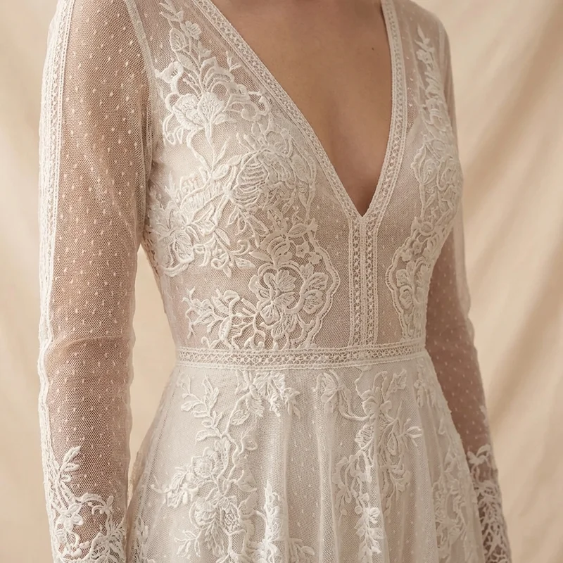 Long Sleeve Lace Bohemian Wedding Dress with Open Back - 3