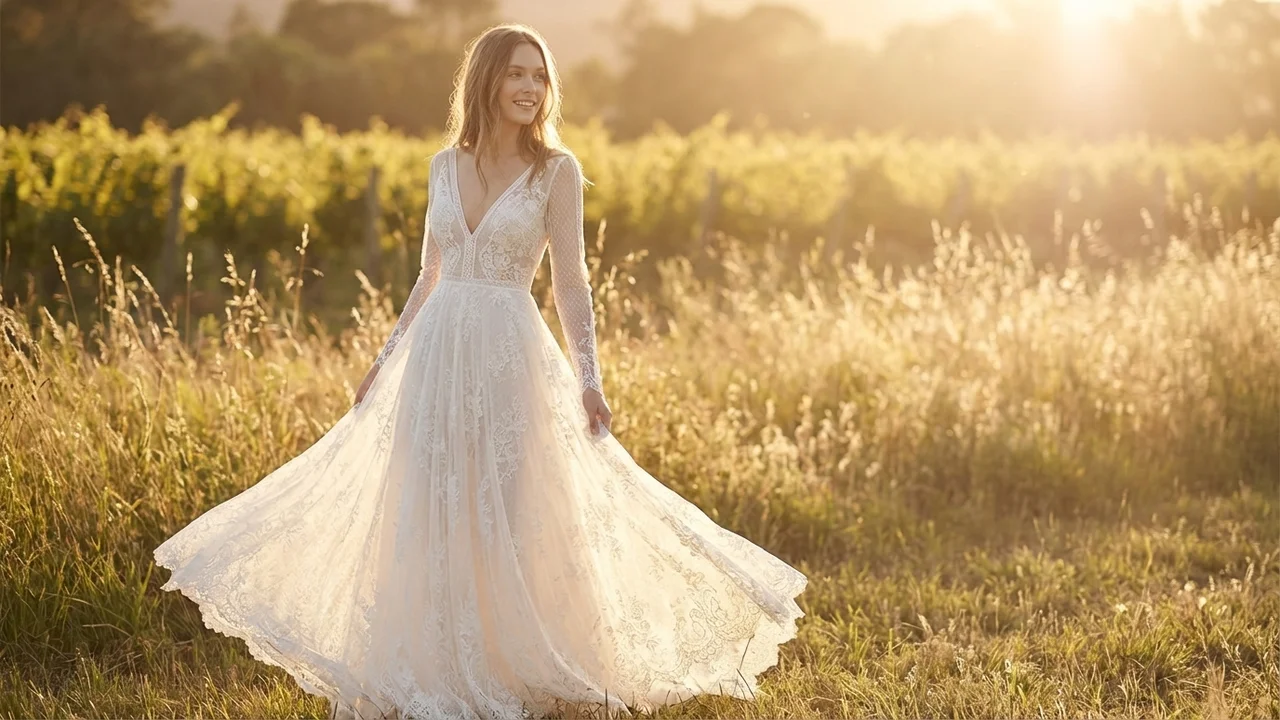 Long Sleeve Lace Bohemian Wedding Dress with Open Back - 6