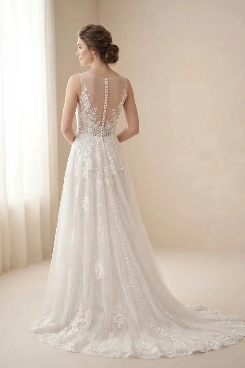 Illusion Neckline Lace A-Line Wedding Dress with Button Back - 2