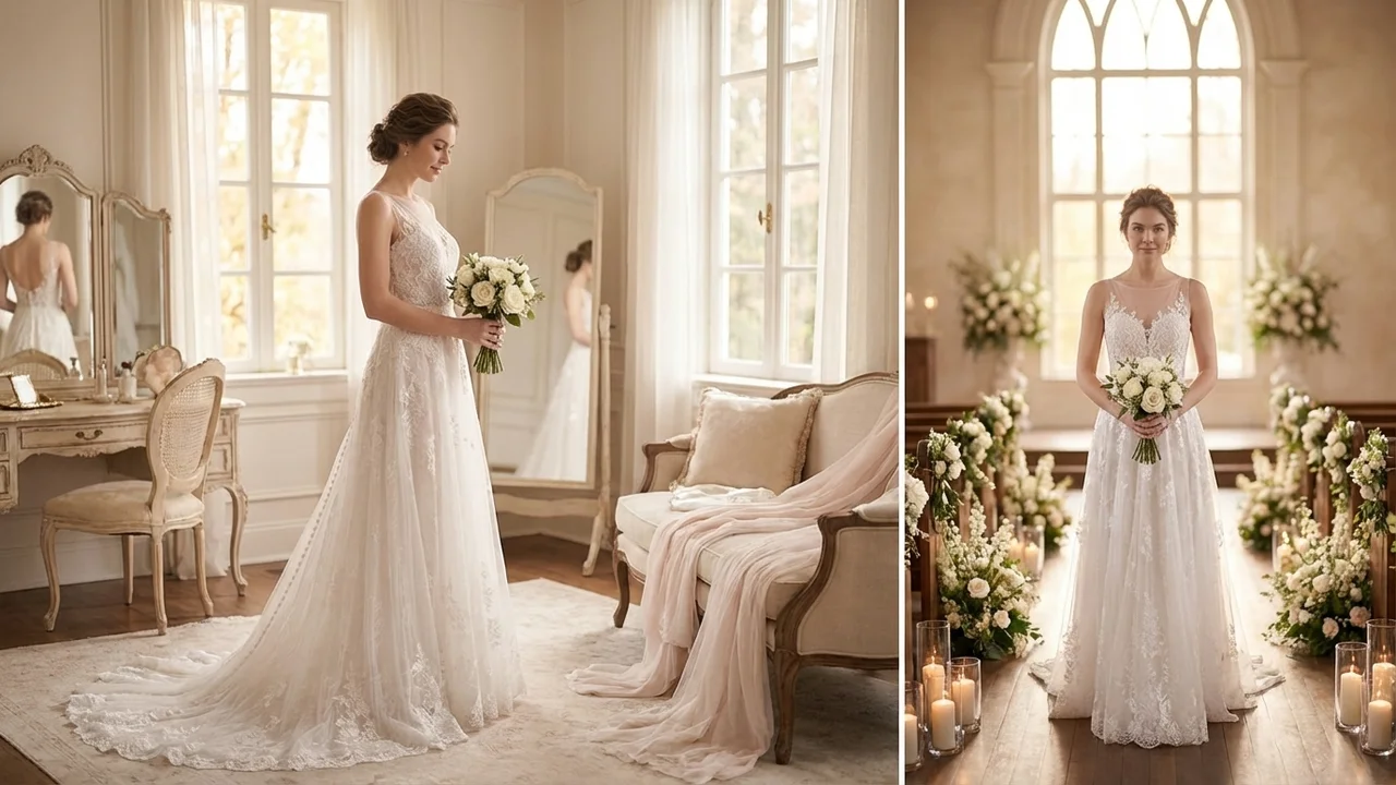 Illusion Neckline Lace A-Line Wedding Dress with Button Back - 5