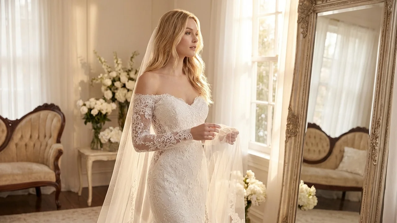 Fitted Lace Sleeve Mermaid Wedding Dress - 5
