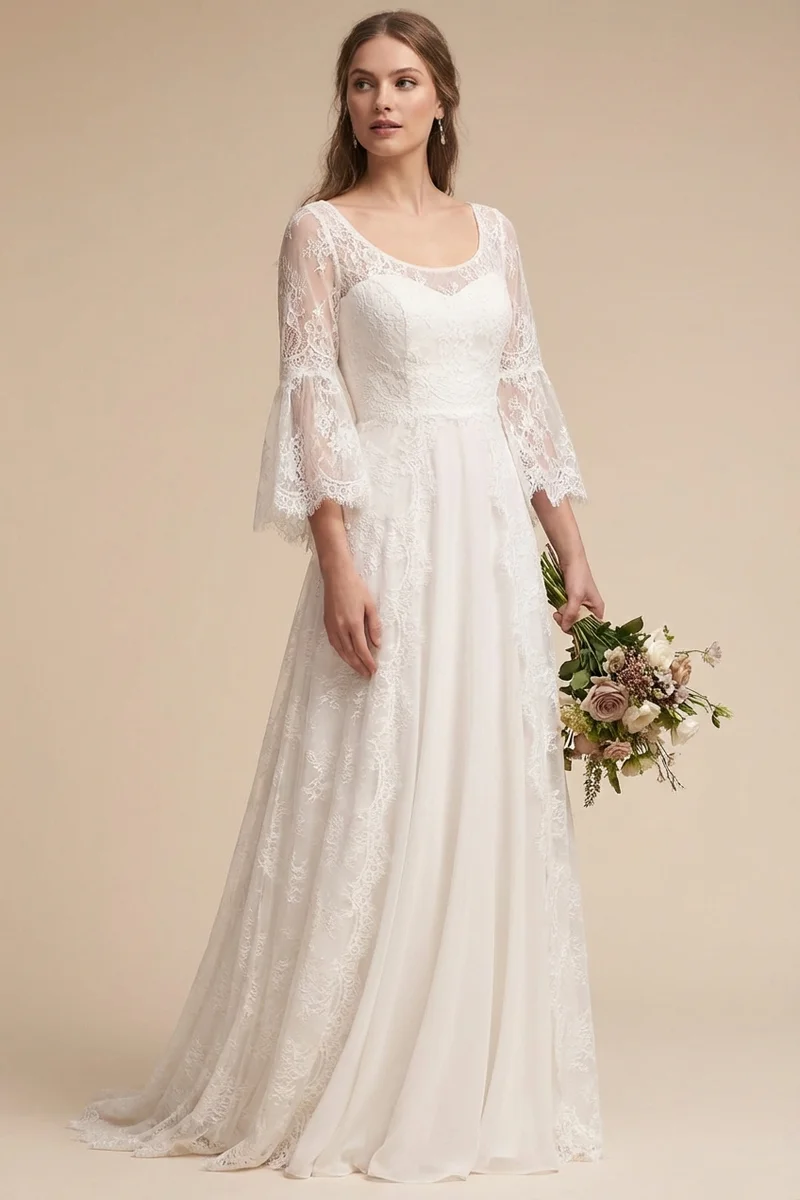 Bohemian Lace Sleeve A-Line Wedding Dress - 1