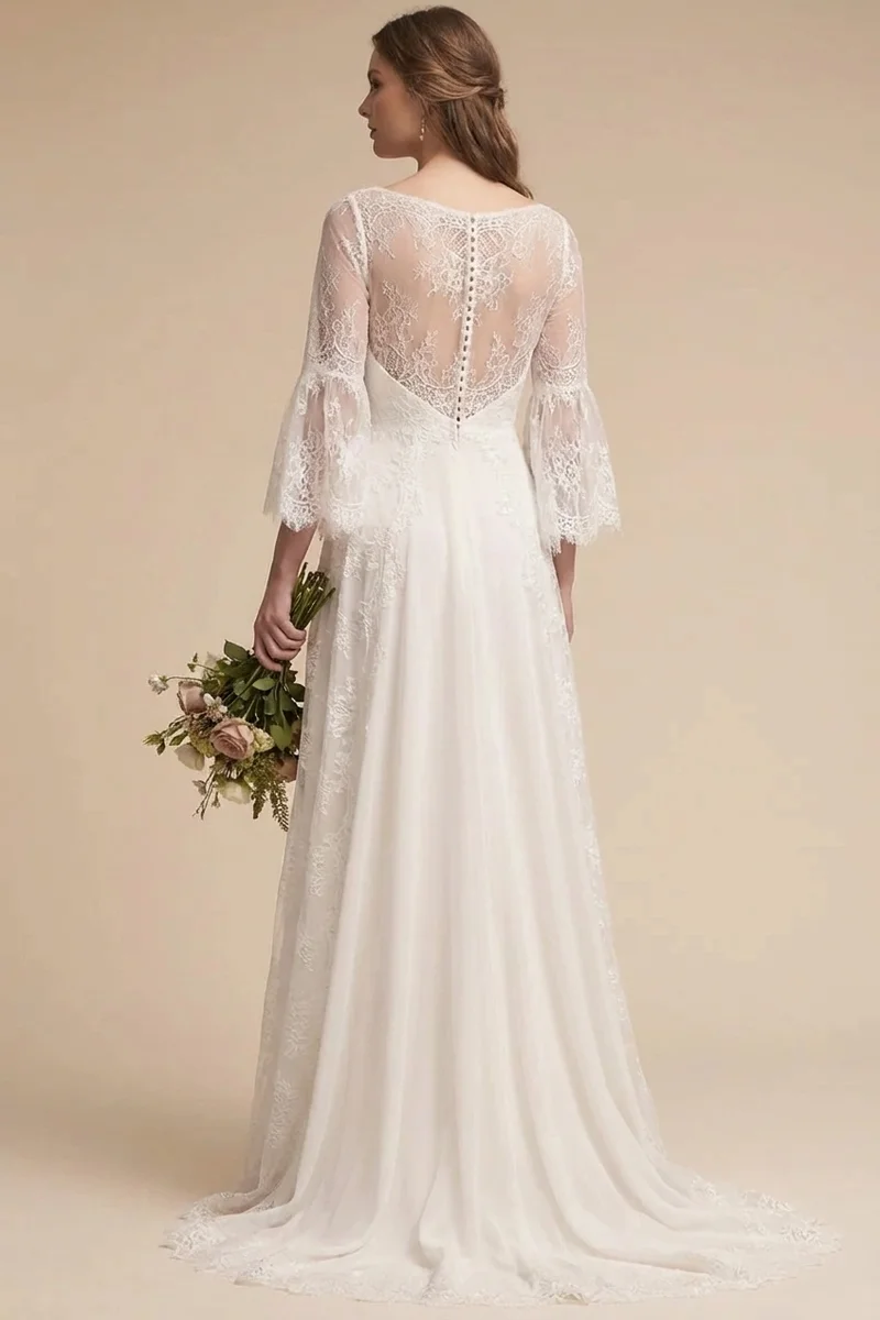 Bohemian Lace Sleeve A-Line Wedding Dress - 2