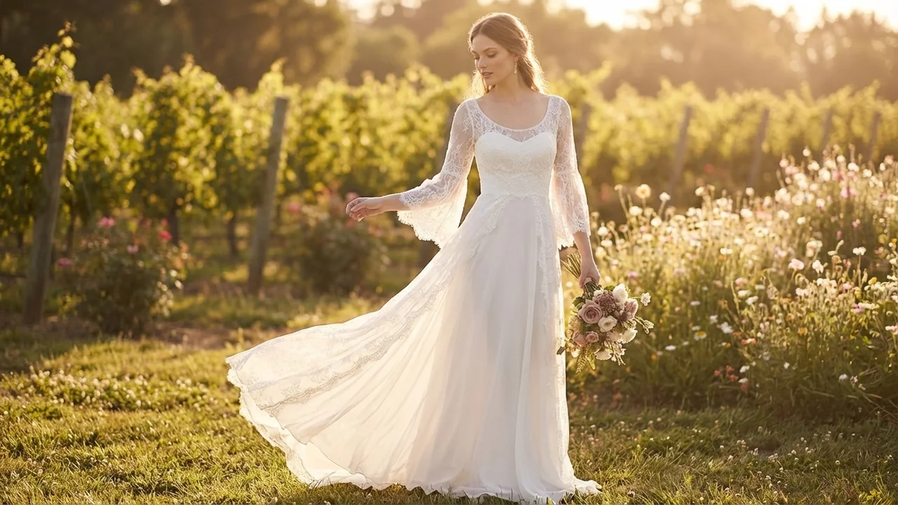 Bohemian Lace Sleeve A-Line Wedding Dress - 6