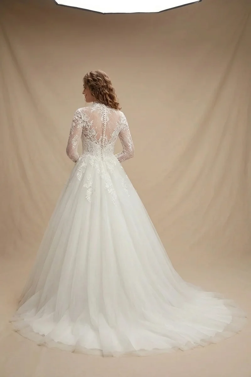 Modest Lace Sleeve Ballgown Wedding Dress - 2