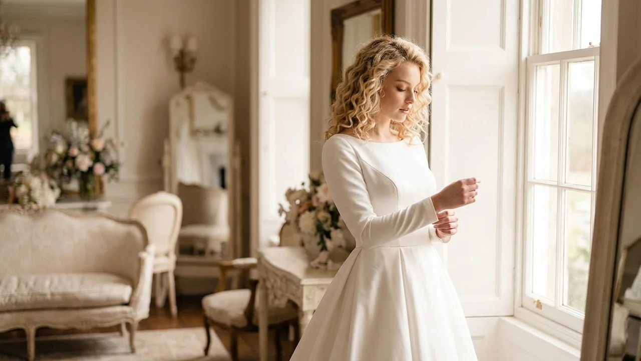 Elise Satin Long Sleeve Ball Gown Wedding Dress - 5