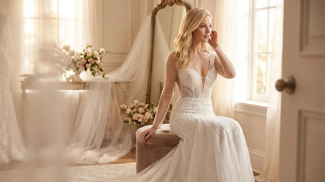 Mermaid Sparkly Beaded Wedding Dress with Plunge Neckline - 5