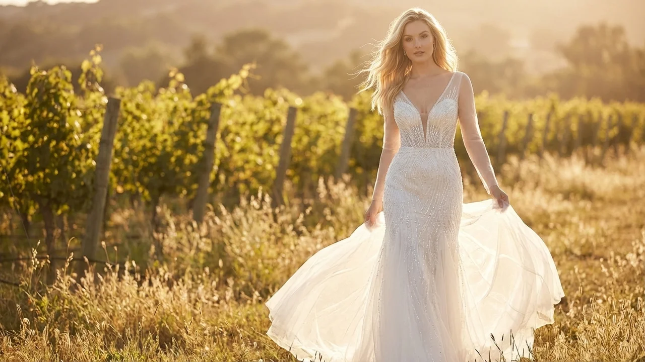 Mermaid Sparkly Beaded Wedding Dress with Plunge Neckline - 6