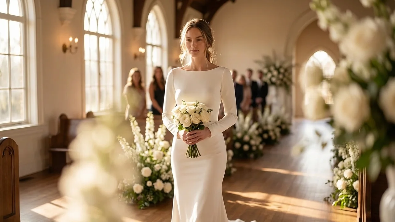 Modern Minimalist Crepe Wedding Dress with Clean Lines - 5
