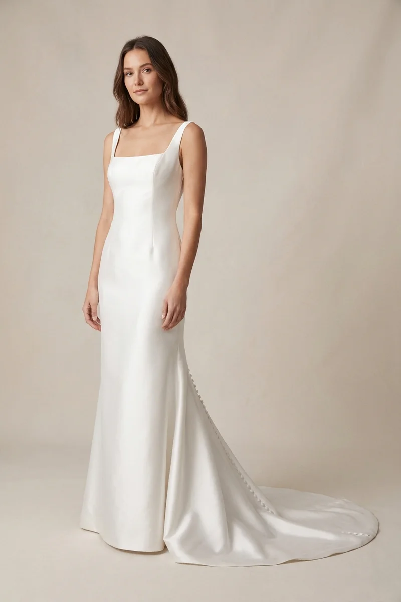 Modern Structured Satin Wedding Dress with Architectural Neckline - 1