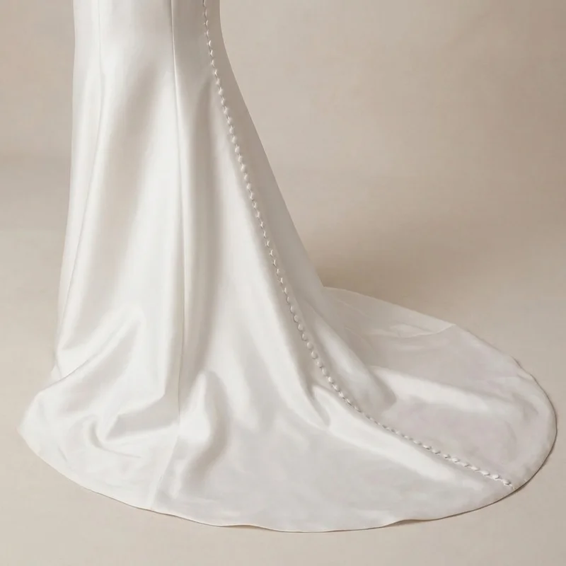 Modern Structured Satin Wedding Dress with Architectural Neckline - 4