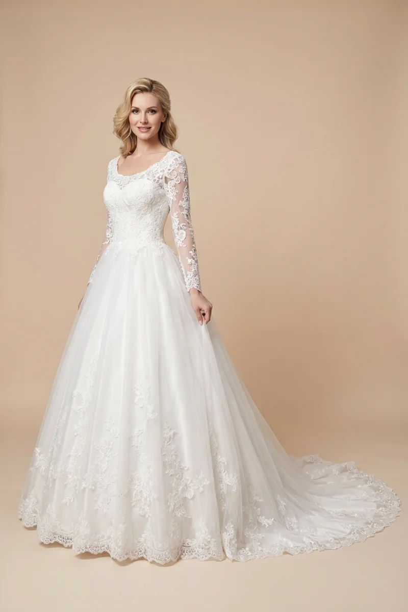 Lace Illusion Back Princess Wedding Dress - 1