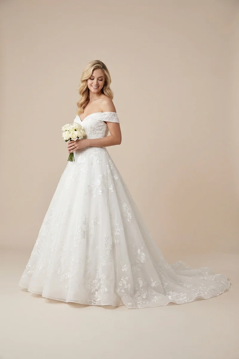 Embroidered Organza Princess Wedding Dress - 1