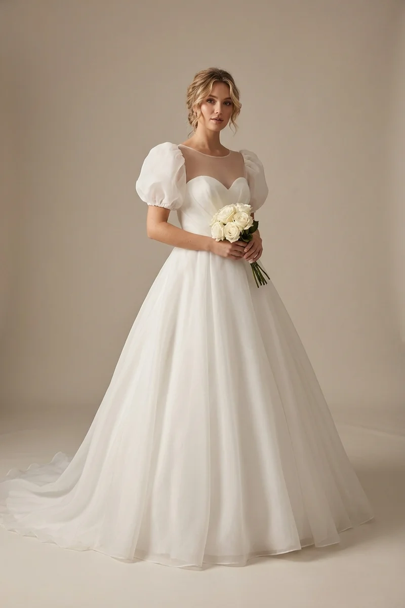 Julia Puff Sleeve Organza Princess Wedding Dress - 1