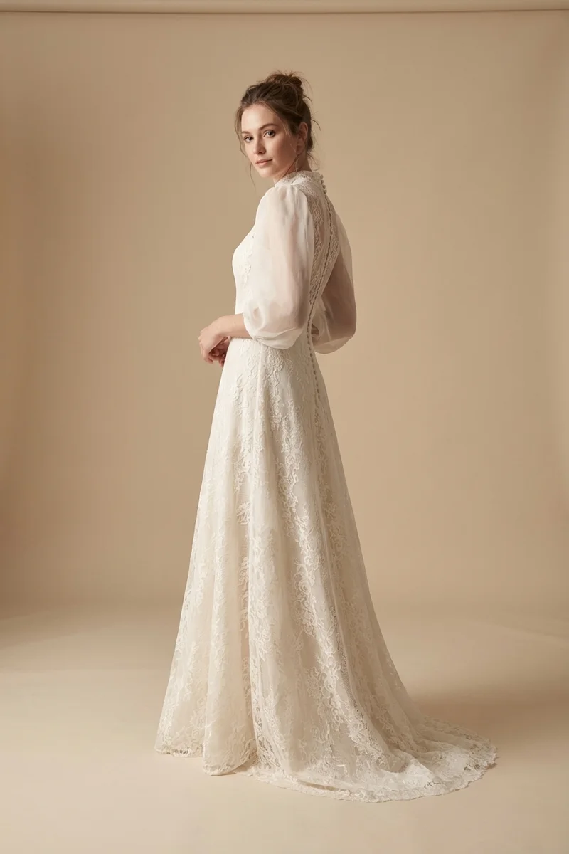 Kate Puff Sleeve Lace Vintage Wedding Dress - 1
