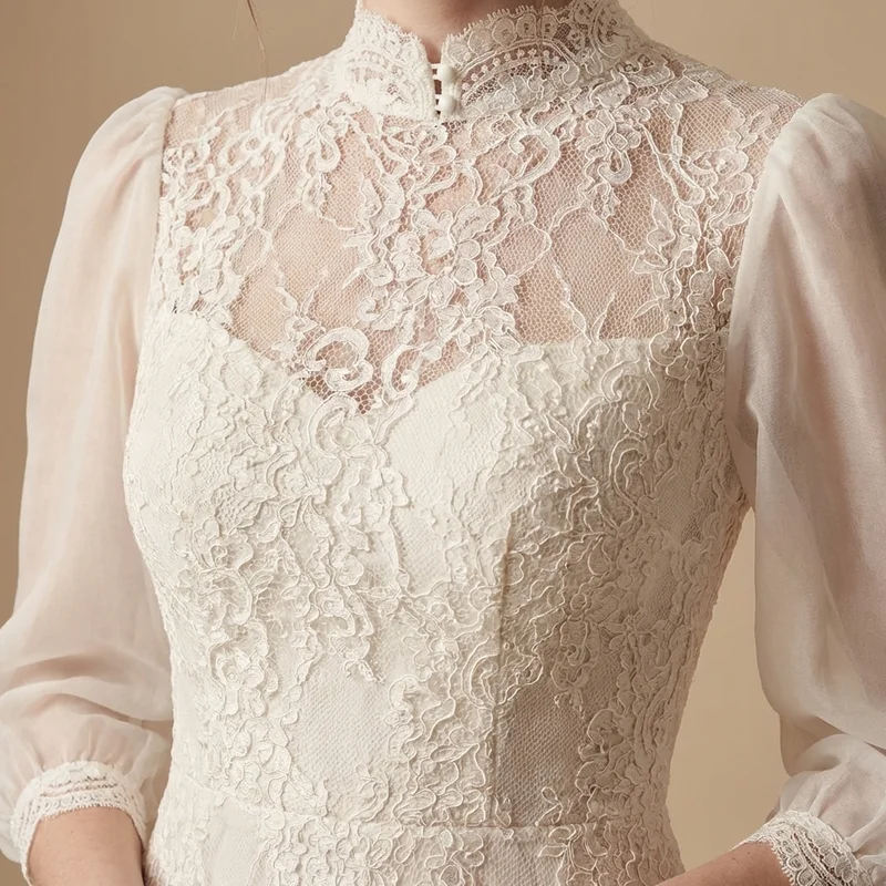 Kate Puff Sleeve Lace Vintage Wedding Dress - 3
