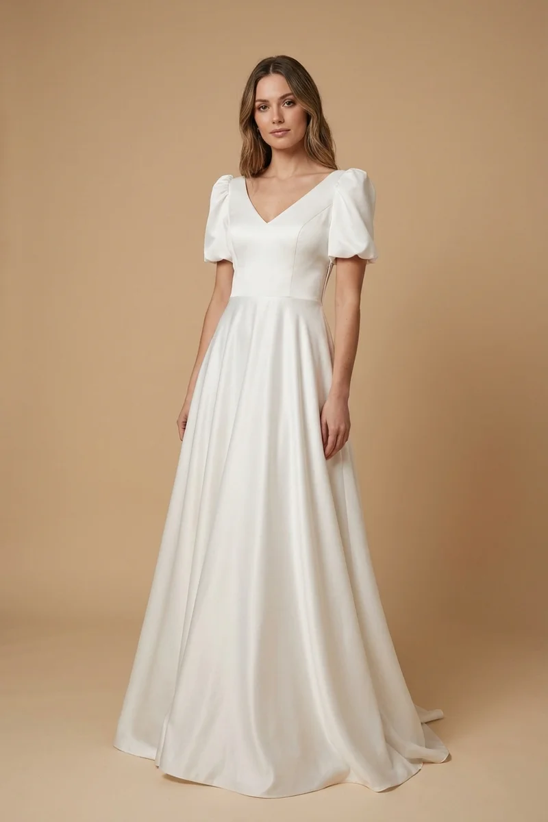 Luna Puff Sleeve Satin Modern Wedding Dress - 1