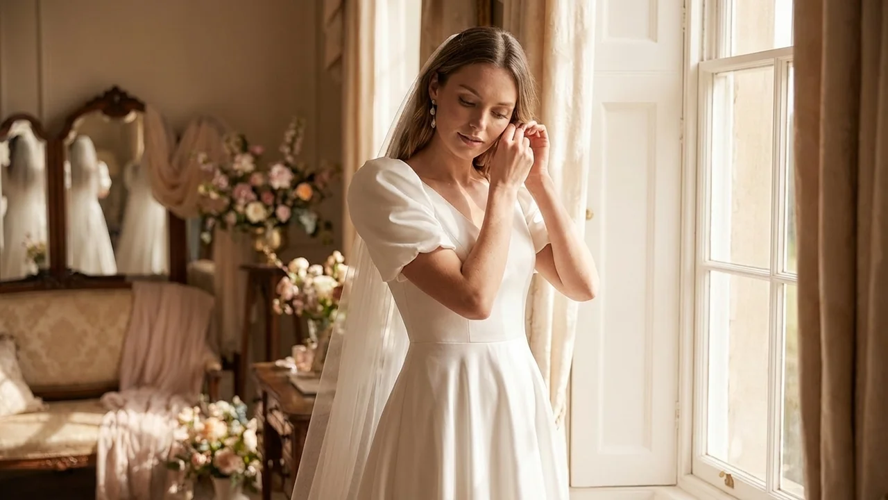 Luna Puff Sleeve Satin Modern Wedding Dress - 5