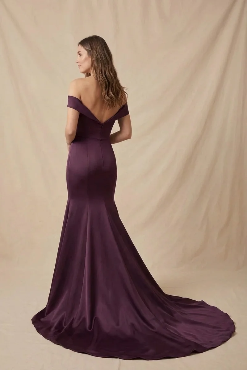 Plum Satin Mermaid Purple Wedding Dress - 2
