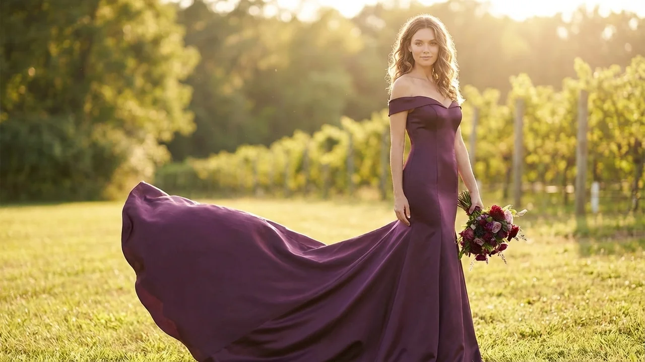 Plum Satin Mermaid Purple Wedding Dress - 6