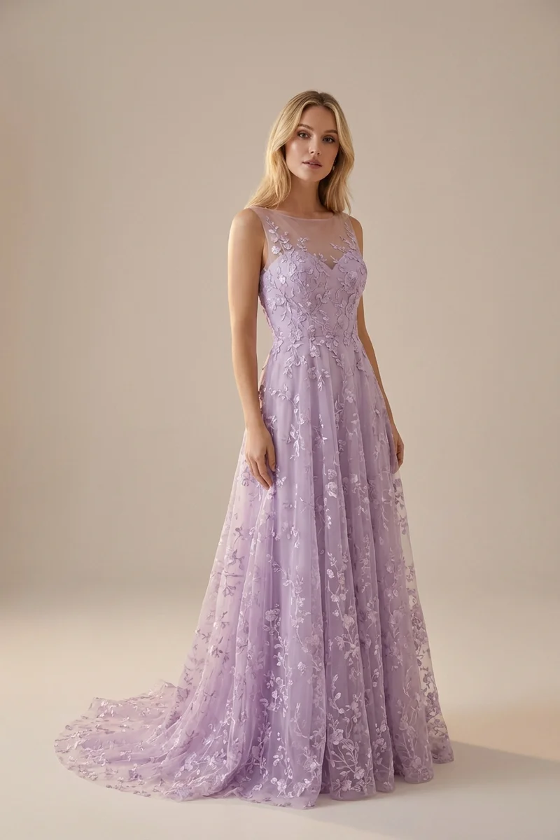 Lilac Embroidered A-Line Purple Wedding Dress - 1