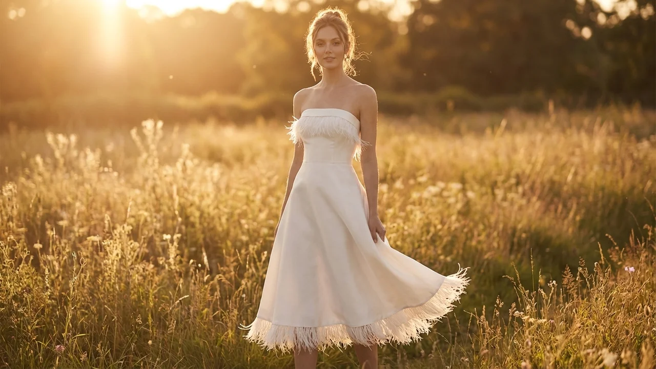 Feather Trim Cocktail Reception Dress - 6