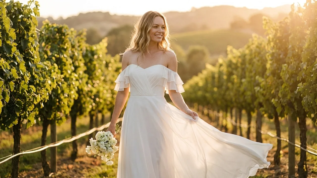 Harper Ruffle Off-Shoulder Chiffon Wedding Dress - 6