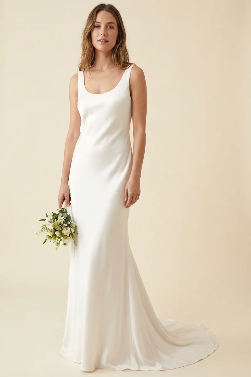 Scoop Neck Satin Sheath Wedding Dress with Sweep Train - 1