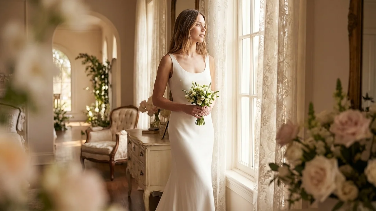 Scoop Neck Satin Sheath Wedding Dress with Sweep Train - 5