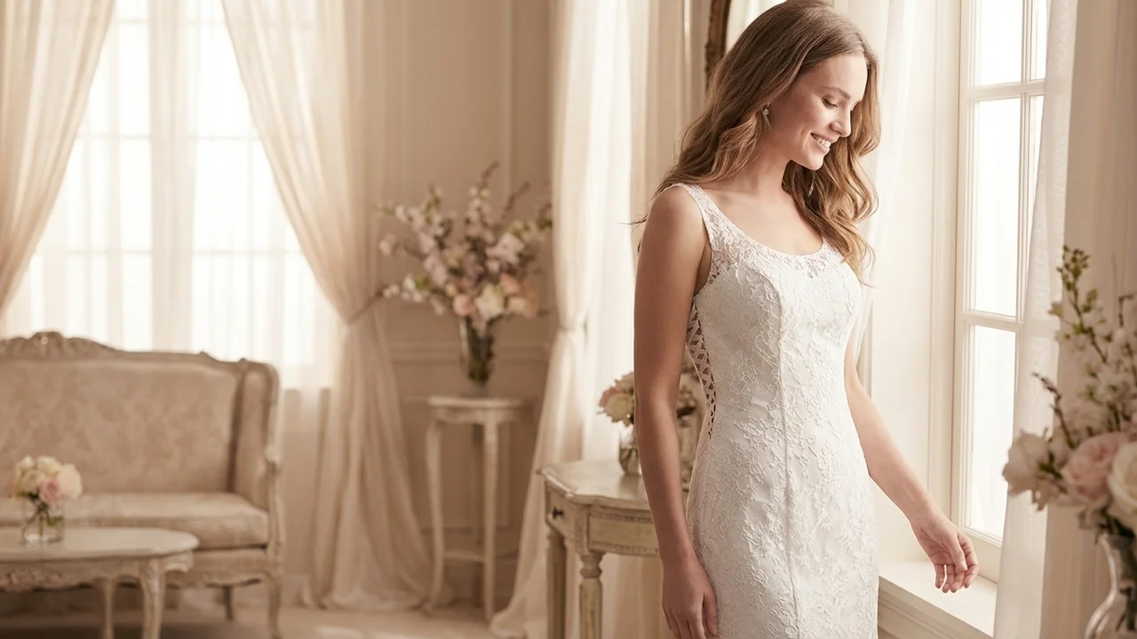 Scoop Neck Lace Fit and Flare Wedding Dress with Corset Back - 5