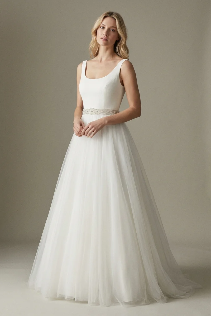 Scoop Neck Tulle Princess Wedding Dress with Beaded Belt - 1