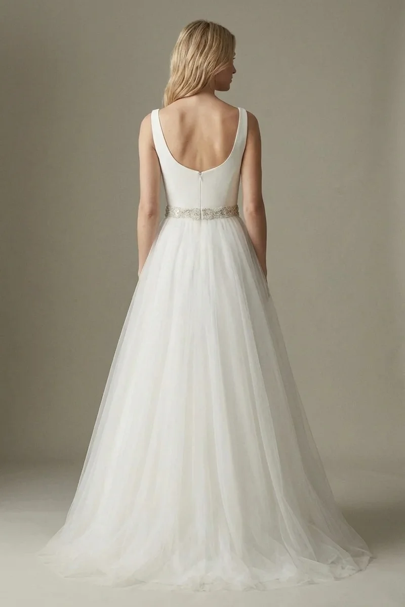 Scoop Neck Tulle Princess Wedding Dress with Beaded Belt - 2